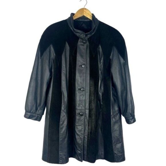 D Kindy & Sons Women's Vintage 80s Black Leather Suede Button Up Jacket US M - Picture 1 of 12